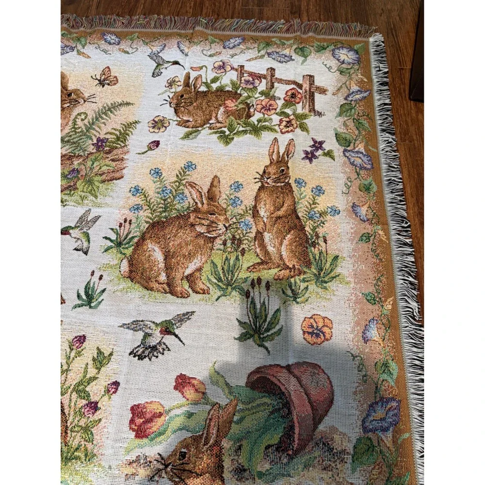 Crown Crafts Woven Tapestry Throw Blanket Rabbit Hummingbird Floral Made in USA